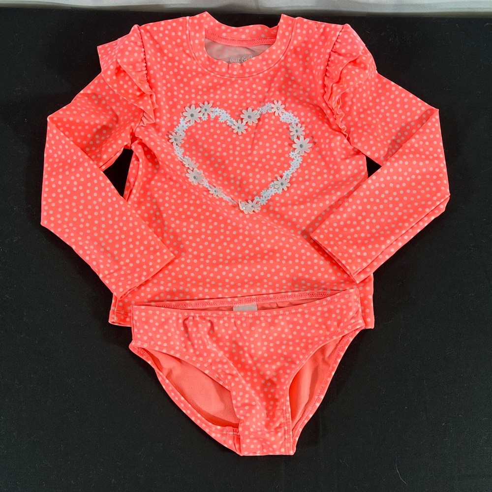 Cat & Jack Coral Polka Dot Long-Sleeve Rashguard Set with Floral Heart